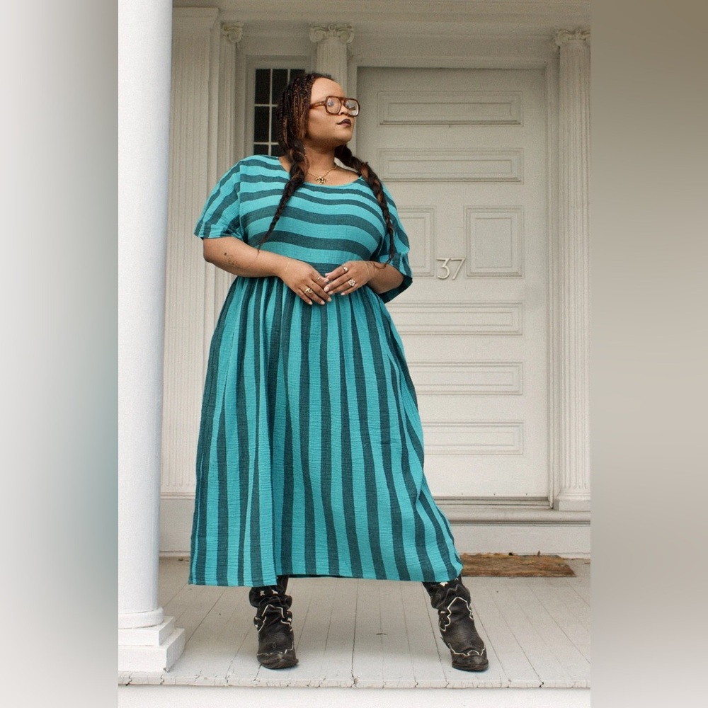 EUC Curator Perry Maxi Dress in Teal & Black Stripes